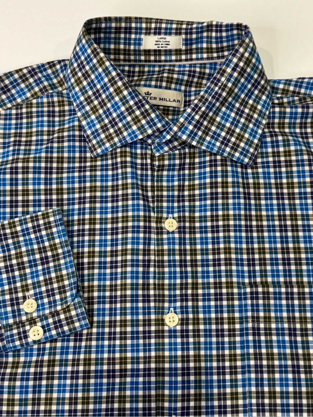 Peter Millar Men's Large Button Down Long Sleeve Shirt Blue Green 100% Cotton